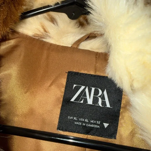 Zara Cream and Brown Cropped Faux Fur Jacket - Picture 2 of 4